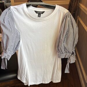 Ralph Lauren White Top with Black Striped Puff Sleeves